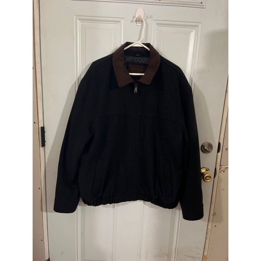 Dockers black zip front wool blend bomber jacket with brown collar size XL